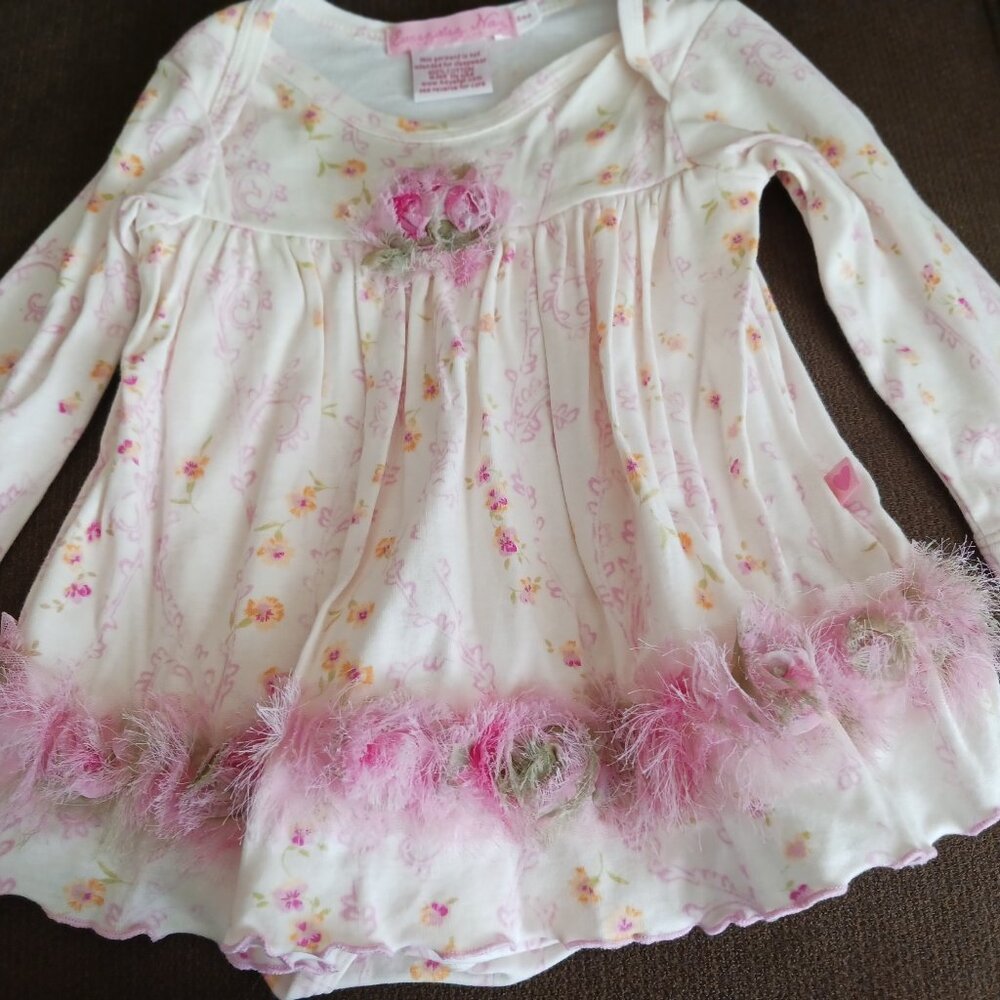 Long Sleeve Size 18 Mo. Girl's Onesie Dress W/Rosettes & Eyelash Trim